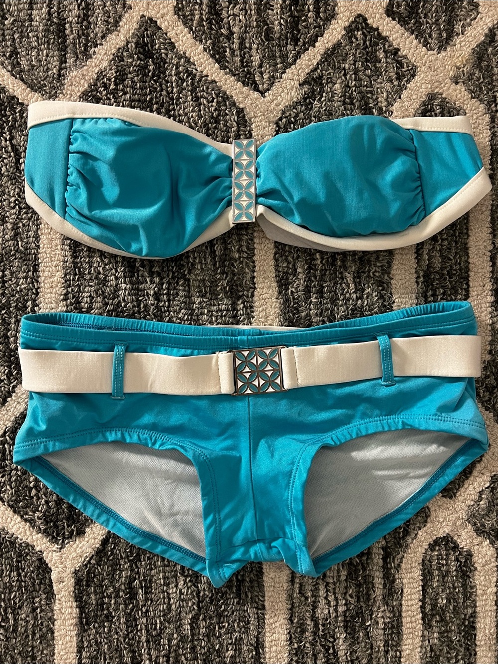 Trina Turk Turquoise and White Bandeau Bikini Set